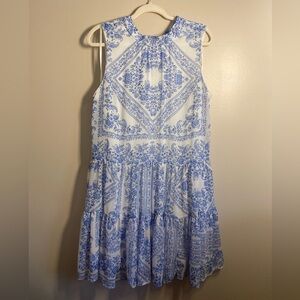 Calvin Klein Floral Blue and White Tiered Mini Dress with Bow Sz 10 EUC